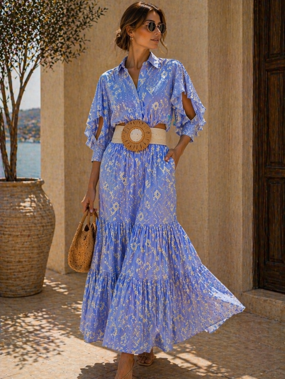 Blue Floral Maxi Dress with Tiered Skirt